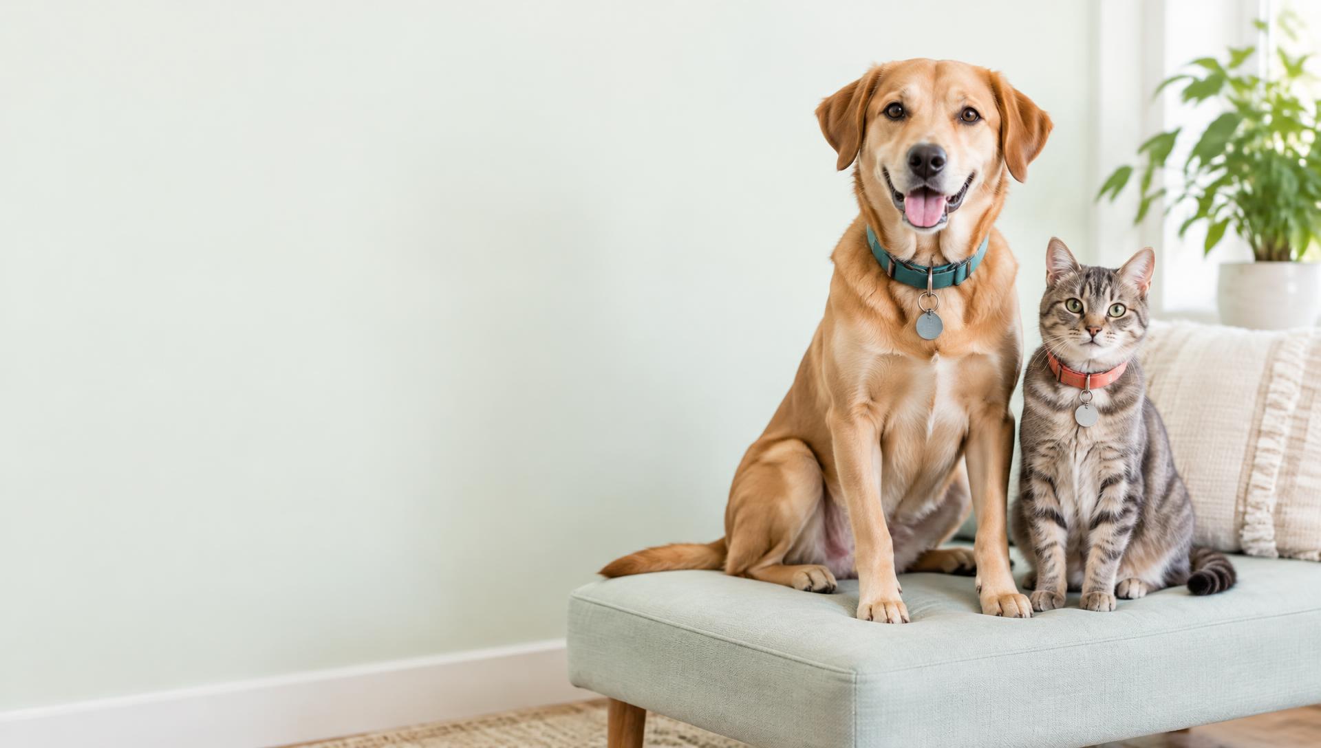 Bento, um cachorro caramelo, e Mia, uma gata rajada, juntos em casa